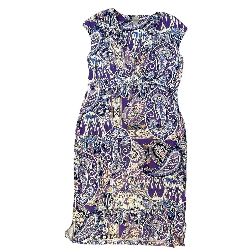 Chicos Dress Cap Sleeve Midi Paisley Purple Size 12 / 14